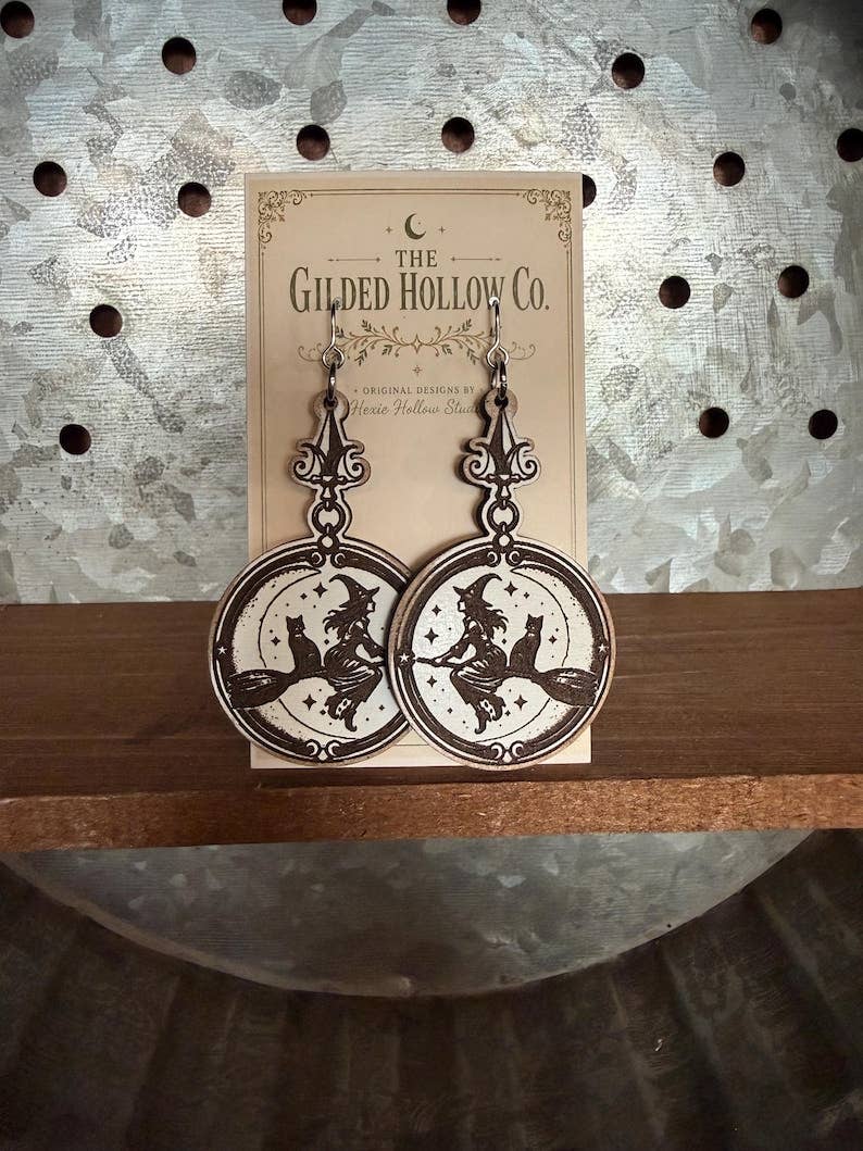 Witch & Black Cat Earrings | Witch on Broom Earrings | Vintage Halloween Earrings | Witchy Wood Jewelry | Gothic Statement Earrings