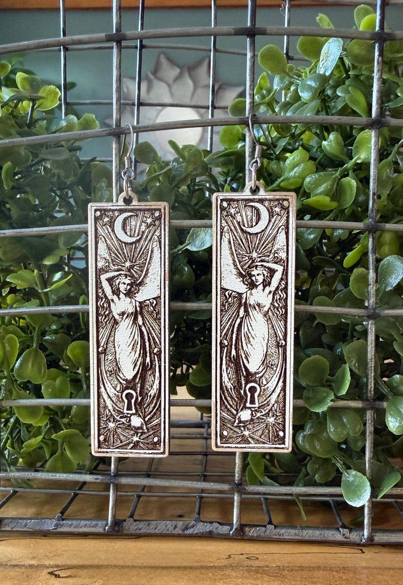 Goddess Earrings, Celestial Keyhole Wood Dangles, Gilded Relic Series
