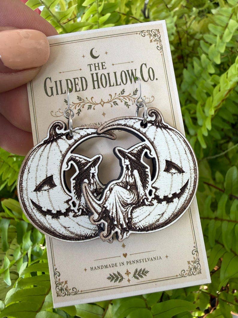 Witch Earrings, Pumpkin Earrings, Halloween Earrings, Jack O Lantern Earrings, Engraved Wood Earrings, Spooky Witch Jewelry, Fall Earrings