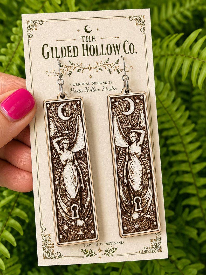 Goddess Earrings, Celestial Keyhole Wood Dangles, Gilded Relic Series
