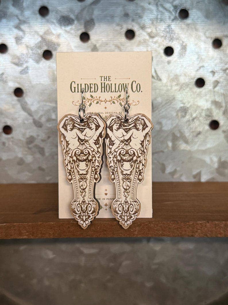 Art Nouveau Maiden Earrings | Victorian Architectural Earrings | Antique Goddess Jewelry | Dark Academia Earrings | Engraved Wood Earrings