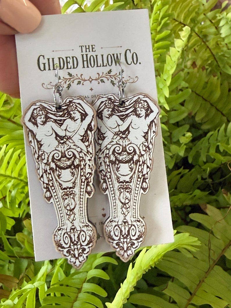 Art Nouveau Maiden Earrings | Victorian Architectural Earrings | Antique Goddess Jewelry | Dark Academia Earrings | Engraved Wood Earrings