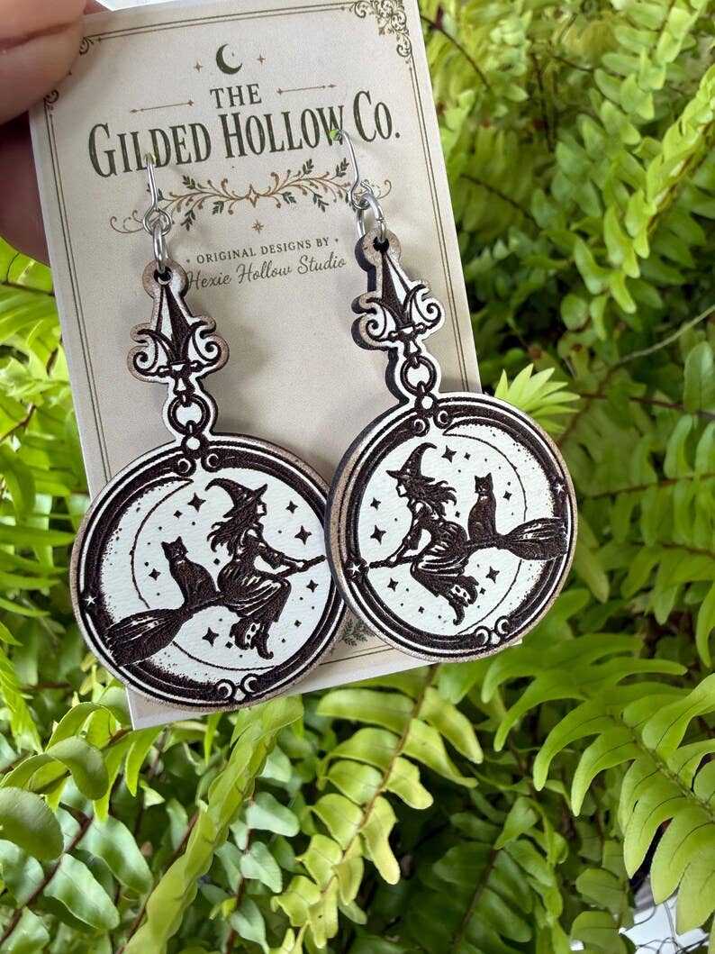 Witch & Black Cat Earrings | Witch on Broom Earrings | Vintage Halloween Earrings | Witchy Wood Jewelry | Gothic Statement Earrings