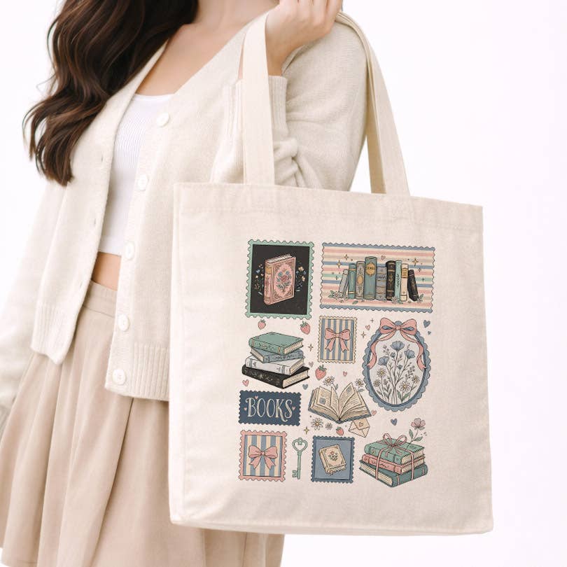 Pretty Book Lover Bookish Canvas Tote Bag