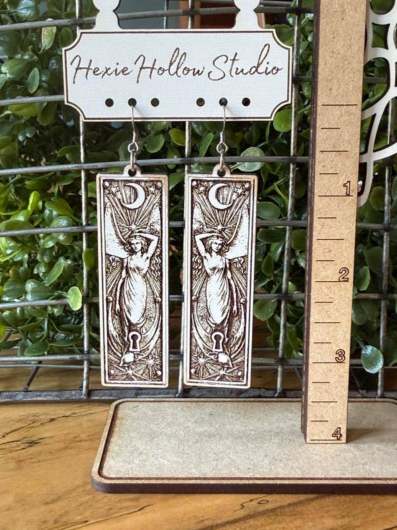 Goddess Earrings, Celestial Keyhole Wood Dangles, Gilded Relic Series
