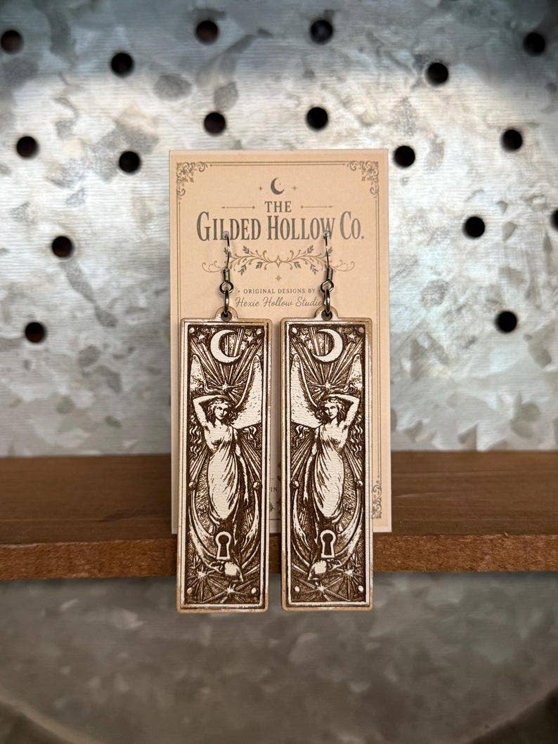 Goddess Earrings, Celestial Keyhole Wood Dangles, Gilded Relic Series